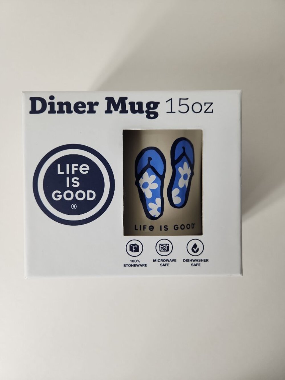 Life is Good Diner Mug 15oz Stoneware Blue Flip Flops Flowers NWT